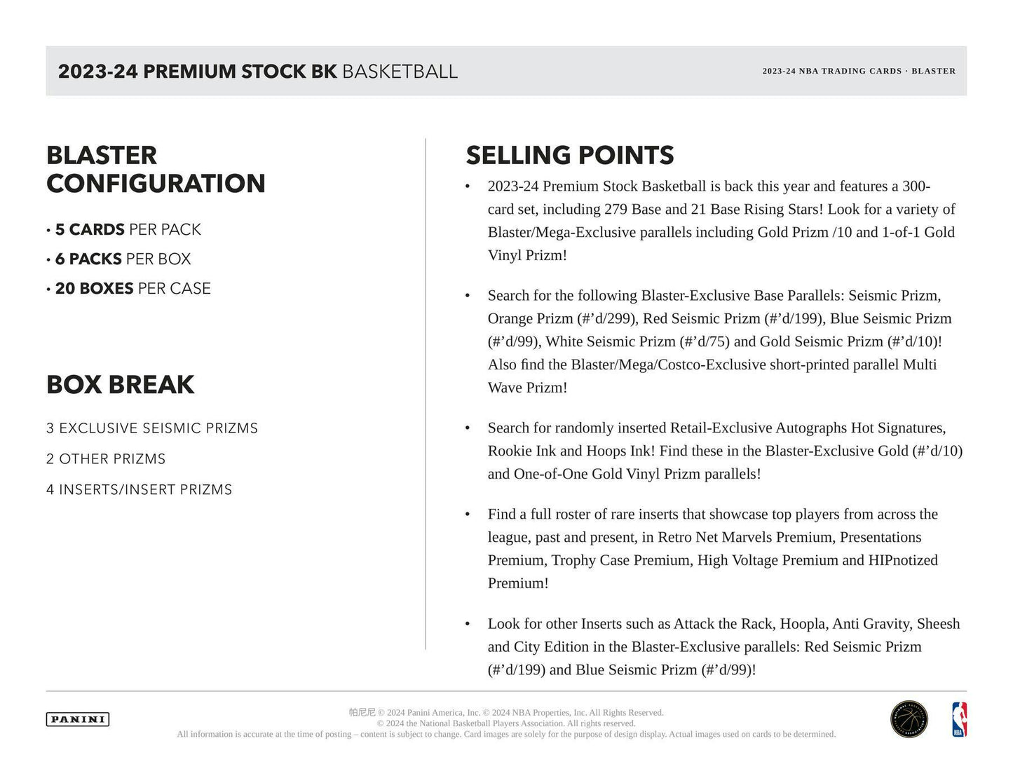 Panini 2023/2024 NBA Premium Stock Basketball Blaster Box