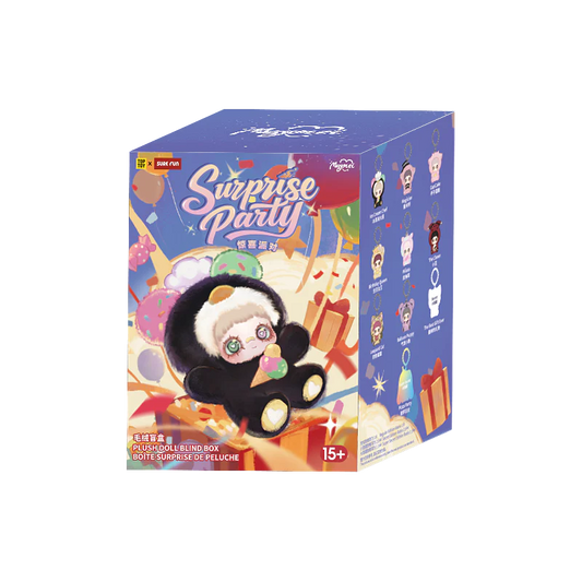 White background studio full set shot of MayMei Surprise Party Series plush doll blind box, TOP TOY kawaii rotatable eye vinyl plush bag charm carnival party collectible mystery toy retail packaging display