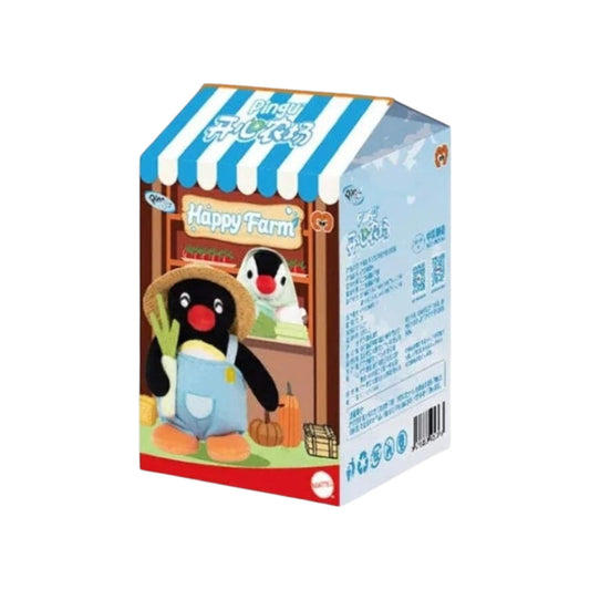 White background studio full set shot of Pingu Happy Farm Series plush charm blind box, 12cm farm worker themed fluffy penguin hanging bag pendant cartoon mystery collectible toy retail packaging display