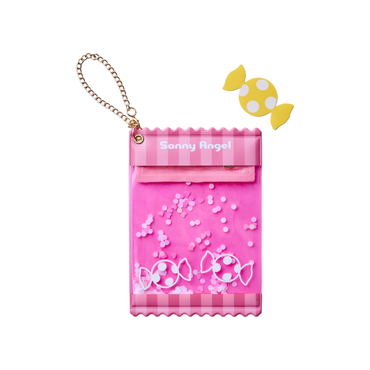 Sonny Angel pink transparent doll storage pouch with hanging chain, cute candy design for small figurines and collectibles