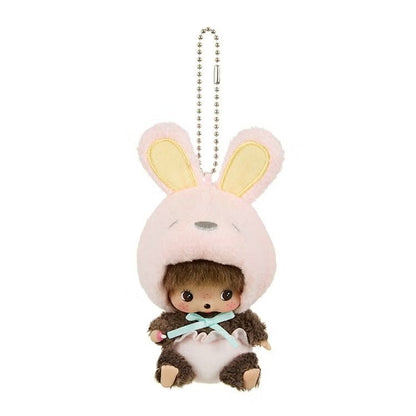 Animal Babychichi SS Big Face Rabbit Keychain, pink fluffy bunny hood Monchhichi baby doll plush charm with ball chain, kawaii bag accessory collectible toy