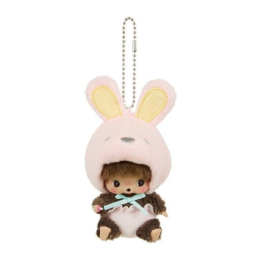 Animal Babychichi SS Big Face Rabbit Keychain, pink fluffy bunny hood Monchhichi baby doll plush charm with ball chain, kawaii bag accessory collectible toy