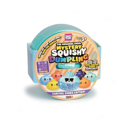 Crazy Fun Original Surfing Shark Edition Mystery Squishy Dumpling blind box with a shark-themed squishy toy in blue steamer packaging