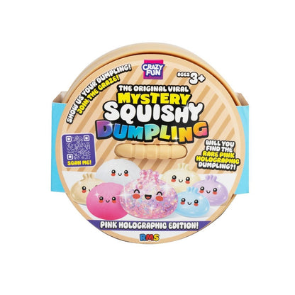 Crazy Fun Pink Holographic Squishy Dumpling Toy in retail packaging