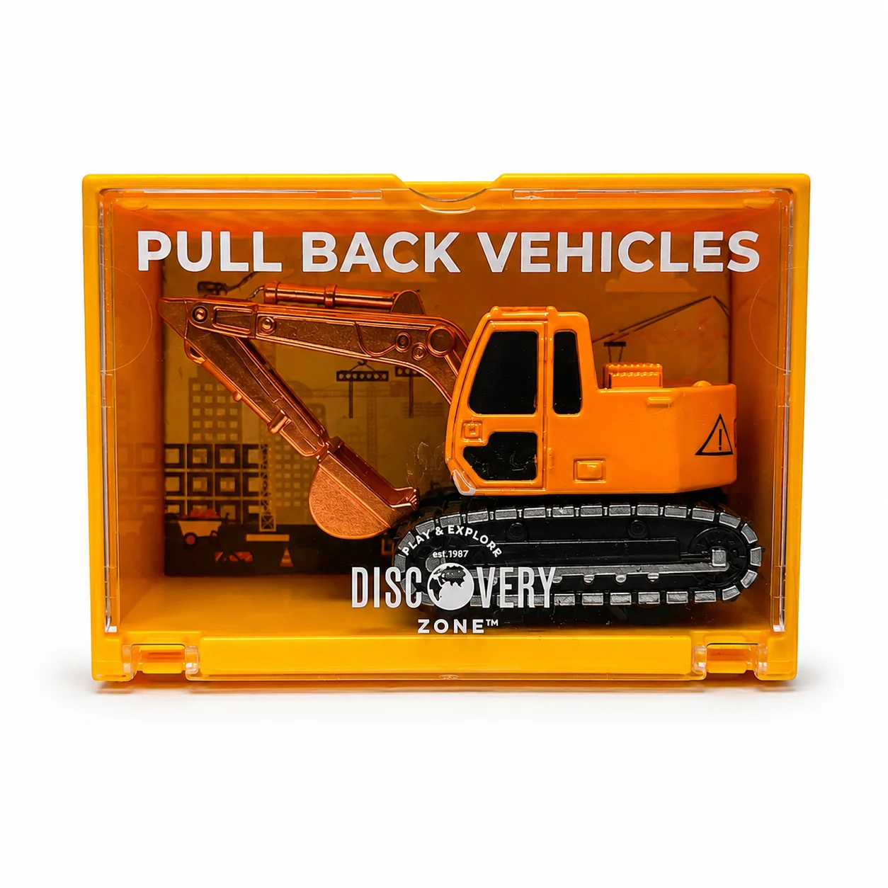 Discovery Zone Container Vehicles pull back diecast construction truck inside stackable plastic storage container