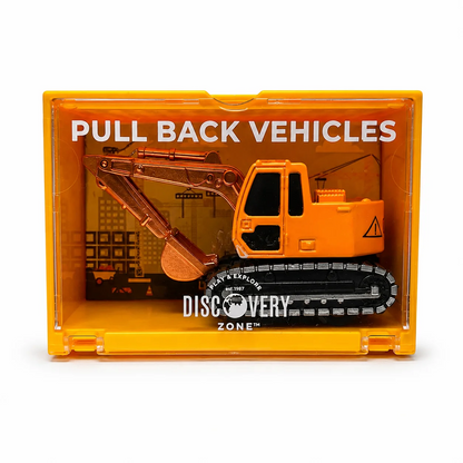 Discovery Zone Container Vehicles pull back diecast construction truck inside stackable plastic storage container