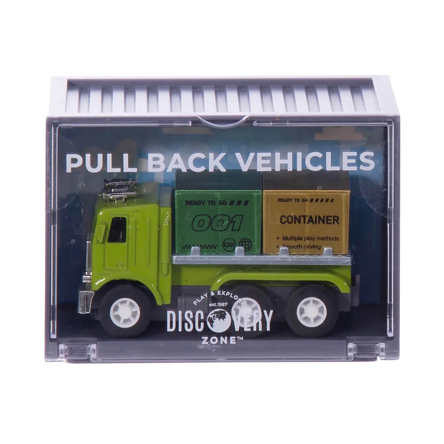 Discovery Zone Container Vehicles pull back diecast mini truck packaged in transparent plastic shipping container