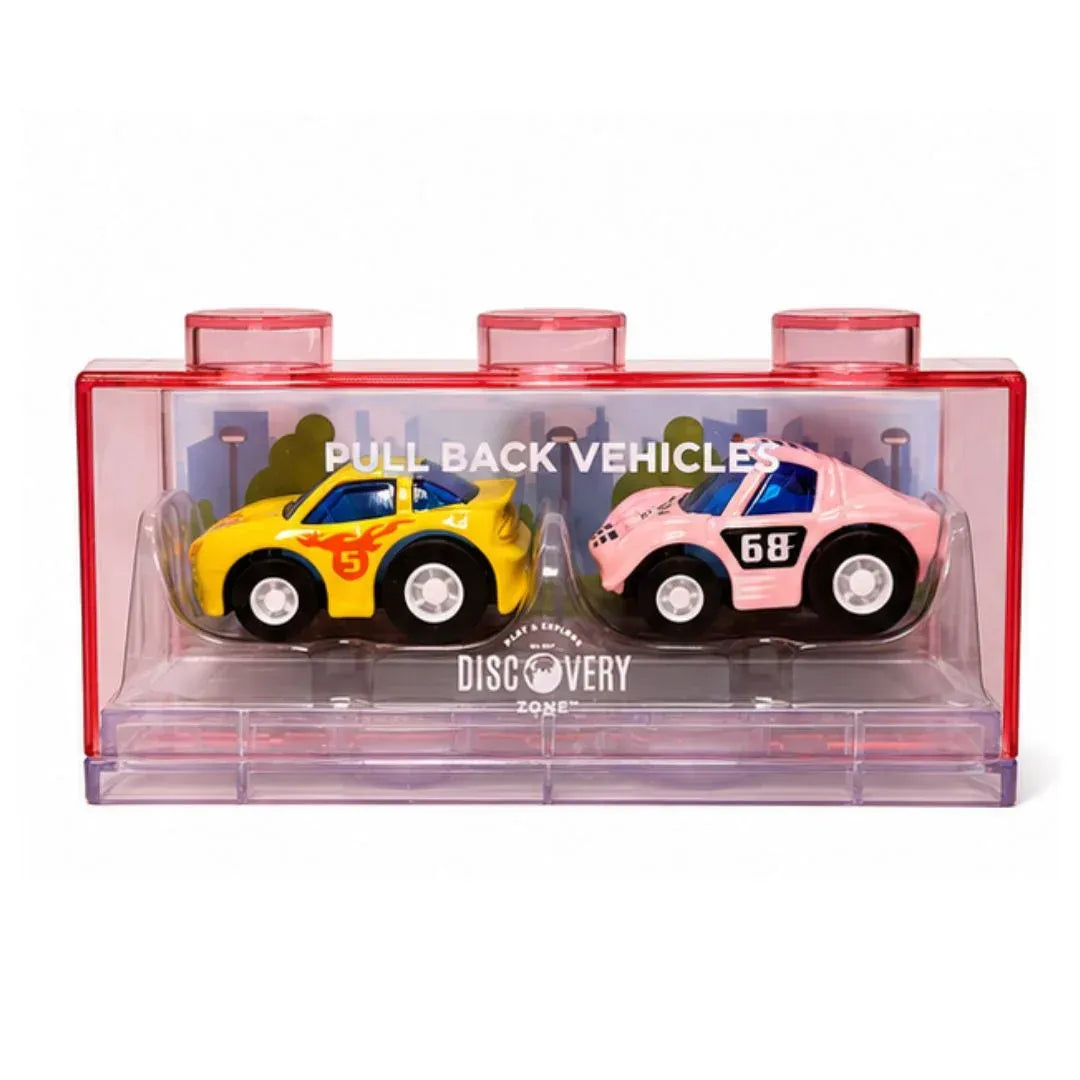 Discovery Zone Pull Back Vehicles Mini Set of 2, diecast mini pull back cars with plastic storage containers kids toy