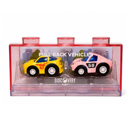 Discovery Zone Pull Back Vehicles Mini Set of 2, diecast mini pull back cars with plastic storage containers kids toy