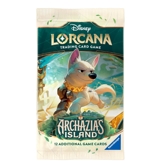 Sealed Disney Lorcana Archazia’s Island Set 7 booster pack by Ravensburger, official Disney Store Australia single trading card pack with guaranteed foil rare and dual ink character cards for collectors and players