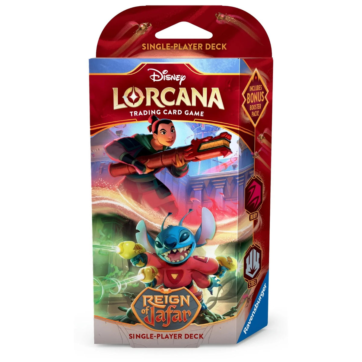 Disney Lorcana Reign of Jafar Ruby and Steel Single-Player Deck with 60 cards and booster pack