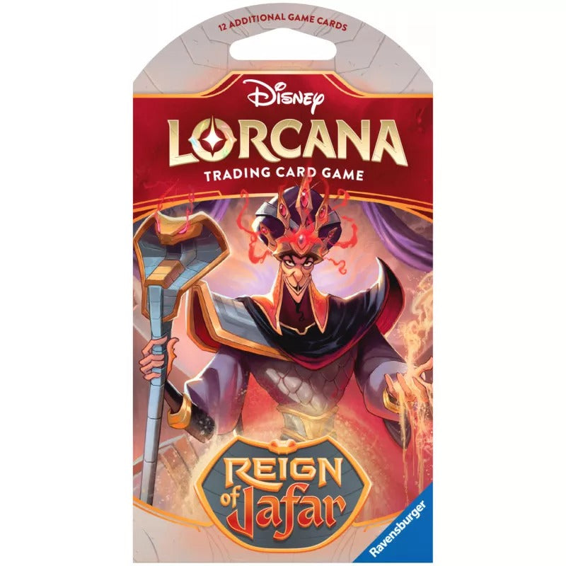 Disney Lorcana Reign of Jafar individually sleeved booster pack sealed single trading card pack featuring Aladdin villain Jafar official TCG artwork