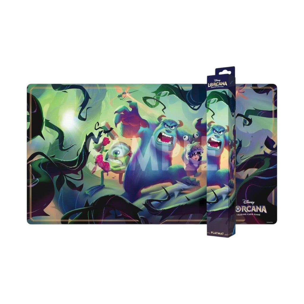 Official Disney Lorcana S13 Attack of the Vine Monsters Inc neoprene playmat, 609×342mm anti-slip game mat featuring exclusive Sulley, Mike Wazowski and Boo thorny vine artwork, shipped in branded collector tube packaging