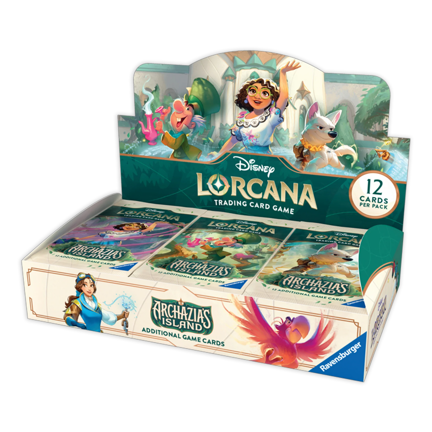 Factory sealed Disney Lorcana Set 7 Archazia’s Island booster display box with 24 sealed 12-card packs, tropical island creature glimmers themed TCG box with guaranteed foil cards per pack