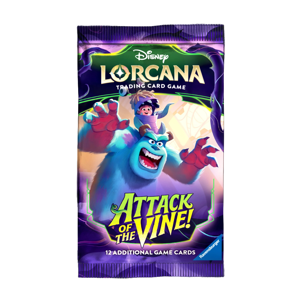 Factory sealed Disney Lorcana TCG Attack of the Vine single booster pack, 12-card sealed pack featuring vine monster artwork, guaranteed holographic foil, Combo Shift dual characters and Monsters Inc. Pixar glimmers