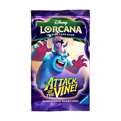 Factory sealed Disney Lorcana TCG Attack of the Vine single booster pack, 12-card sealed pack featuring vine monster artwork, guaranteed holographic foil, Combo Shift dual characters and Monsters Inc. Pixar glimmers