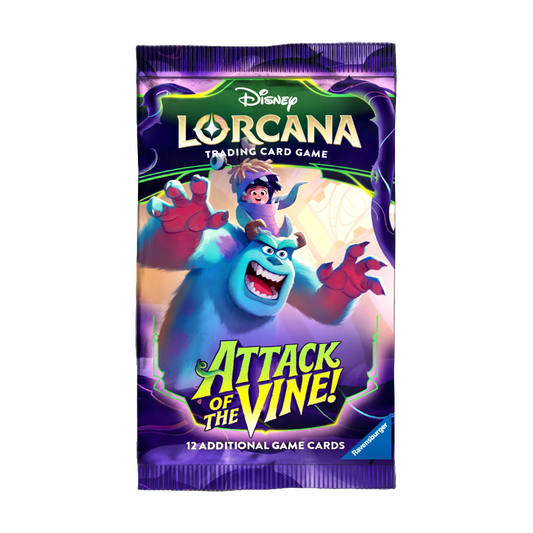 Factory sealed Disney Lorcana TCG Attack of the Vine single booster pack, 12-card sealed pack featuring vine monster artwork, guaranteed holographic foil, Combo Shift dual characters and Monsters Inc. Pixar glimmers