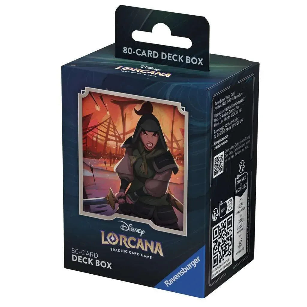 Disney Lorcana TCG Rise of the Floodborn Mulan deck box by Ravensburger, rigid 80-sleeved card storage case with exclusive warrior Mulan illustration, self-locking flip lid for tournament deck protection