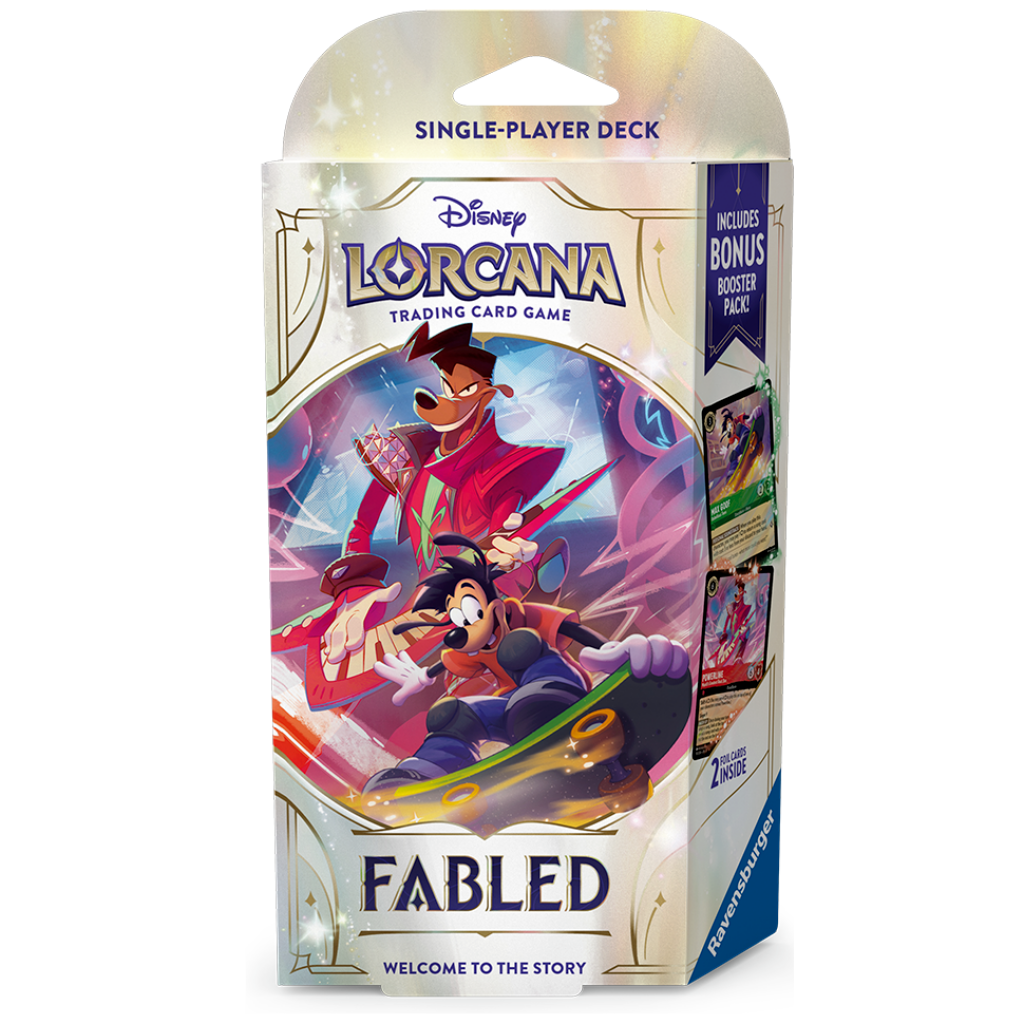 Disney Lorcana TCG Series 9 Fabled single-player deck, two complete ready-to-play starter decks featuring Ariel, Mulan, Max Goof and Powerline foil cards with bonus Fabled booster packs