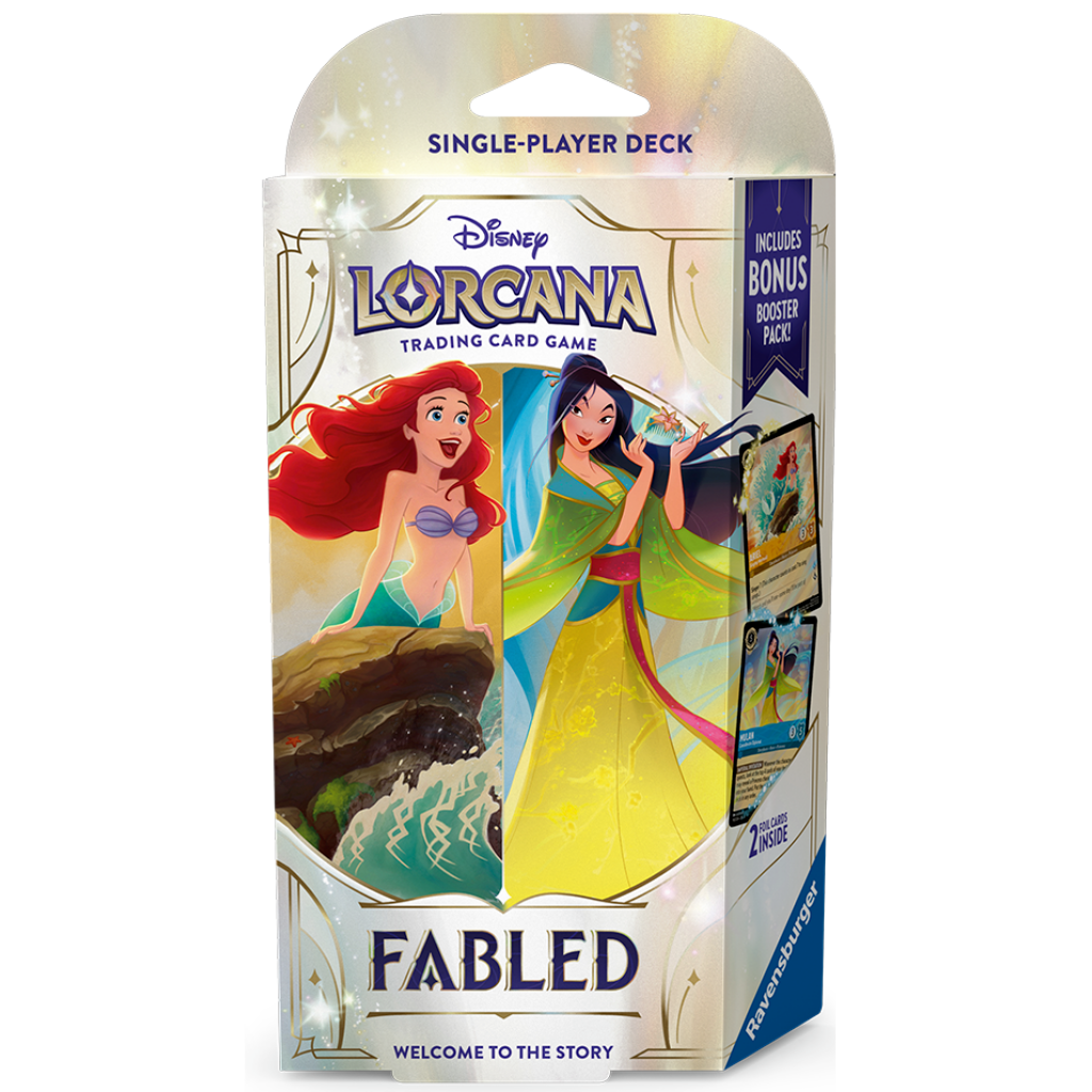 Disney Lorcana TCG Series 9 Fabled single-player deck, two complete ready-to-play starter decks featuring Ariel, Mulan, Max Goof and Powerline foil cards with bonus Fabled booster packs