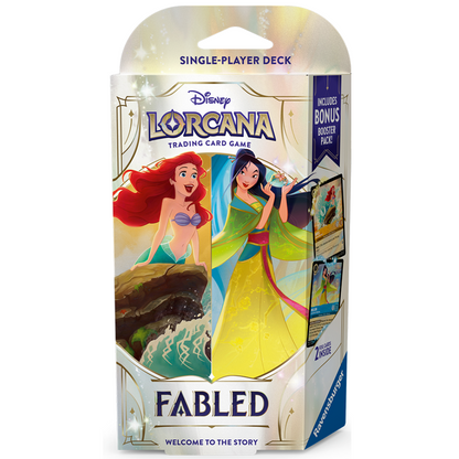Disney Lorcana TCG Series 9 Fabled single-player deck, two complete ready-to-play starter decks featuring Ariel, Mulan, Max Goof and Powerline foil cards with bonus Fabled booster packs