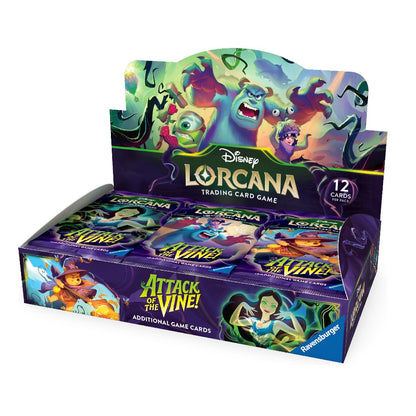 Factory sealed Disney Lorcana TCG Set 13 Attack of the Vine booster display box with 24 twelve-card packs, vine monster themed packaging, guaranteed holographic foil per pack, Combo Shift dual characters and Monsters Inc. Pixar glimmers