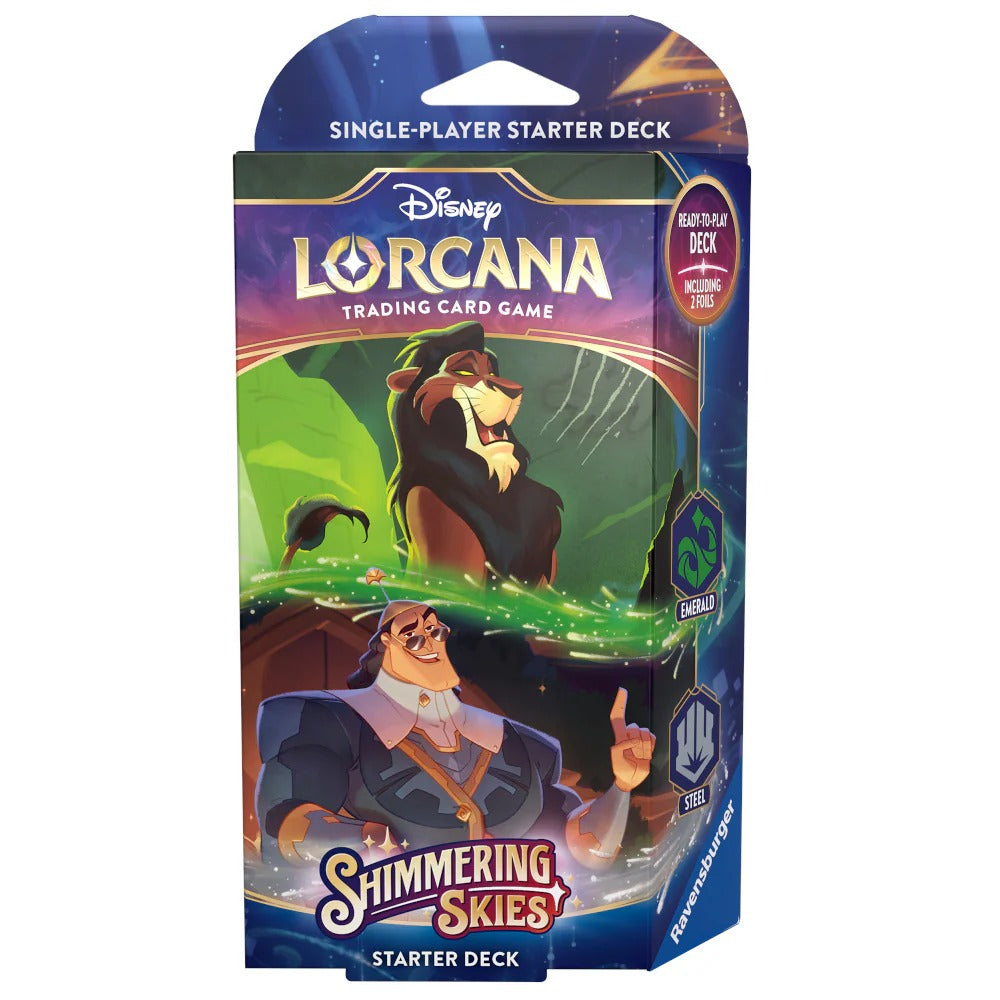 Disney Lorcana TCG Set 5 Shimmering Skies Emerald & Steel starter deck box by Ravensburger, prebuilt dual ink control deck featuring foil Scar and Governor Ratcliffe villain artwork, includes full play accessories and bonus booster pack