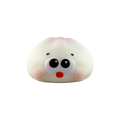White background e-commerce product shot of Fluffmellies Booty Baozi squishy toy sealed transparent PET box, cute cartoon bun slow rebound scented fidget squeeze toy