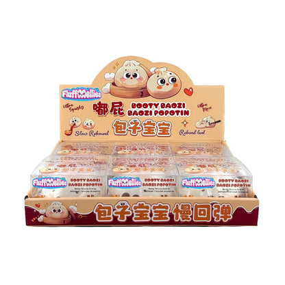 White background e-commerce product shot of Fluffmellies Booty Baozi squishy toy sealed transparent PET box, cute cartoon bun slow rebound scented fidget squeeze toy