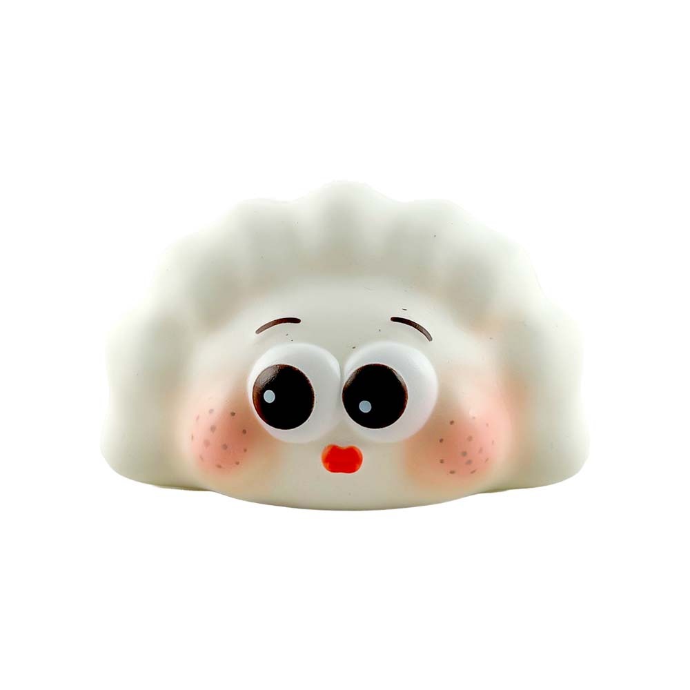 White background e-commerce product shot of Fluffmellies Booty Dumplings squishy toy sealed transparent PET box, cute dumpling shaped slow rebound scented stress relief fidget squeeze toy