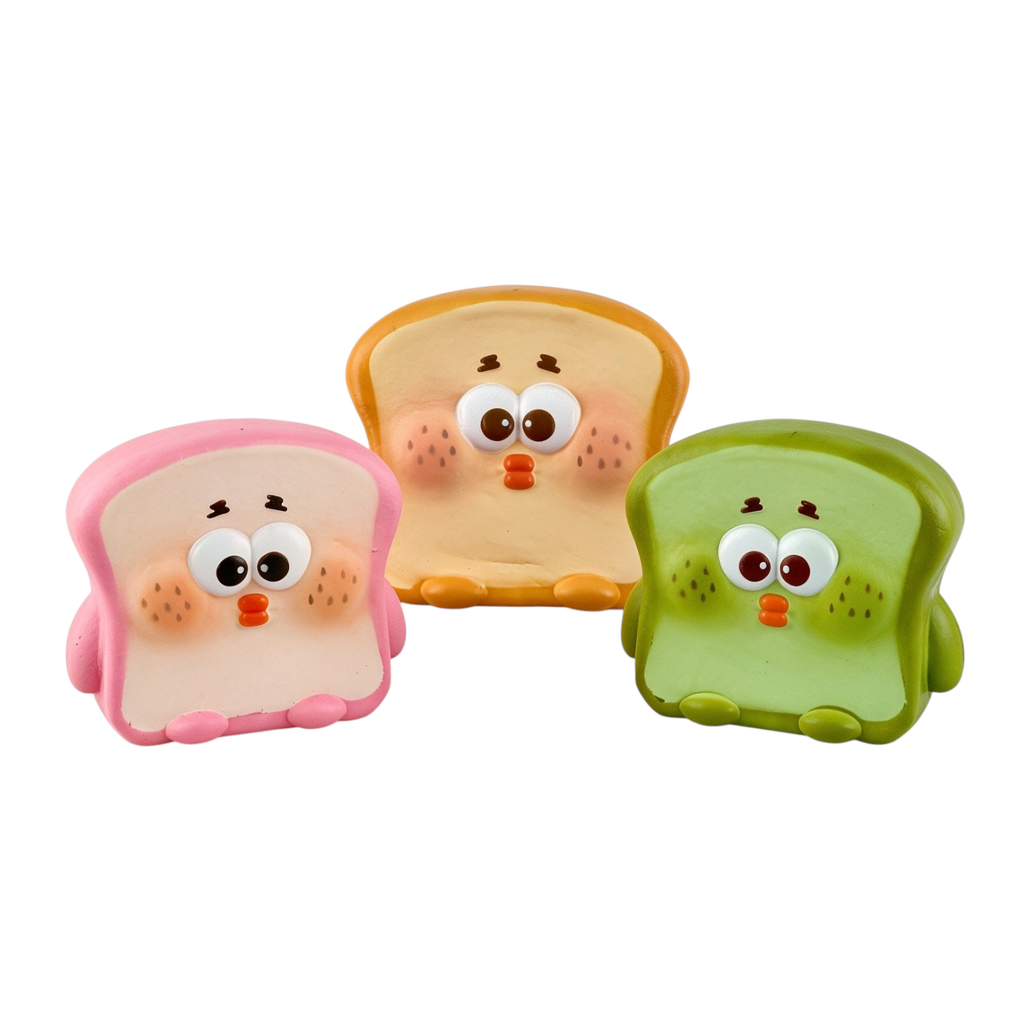 White background e-commerce product shot of Fluffmellies Booty Toast squishy toy sealed transparent PET box, cute cheeky toast slow rebound scented stress relief squeeze fidget toy