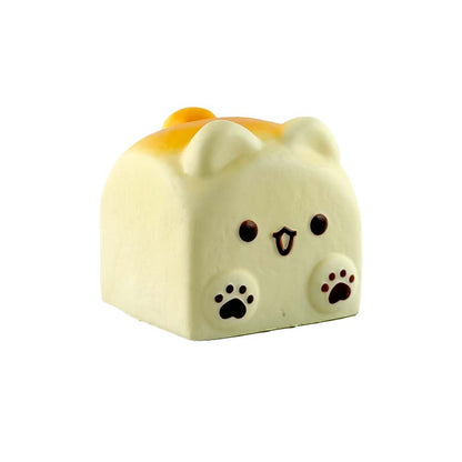 White background e-commerce product shot of Fluffmellies Doggy Toast squishy toy sealed transparent PET box, cute puppy toast loaf slow rebound scented stress relief squeeze toy