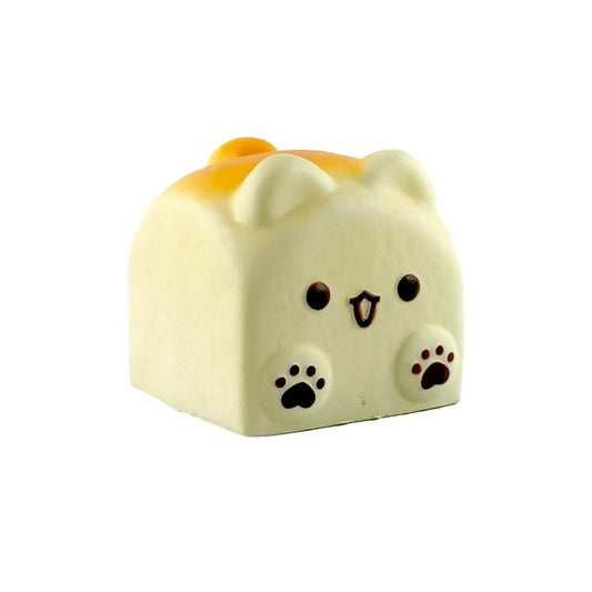 White background e-commerce product shot of Fluffmellies Doggy Toast squishy toy sealed transparent PET box, cute puppy toast loaf slow rebound scented stress relief squeeze toy