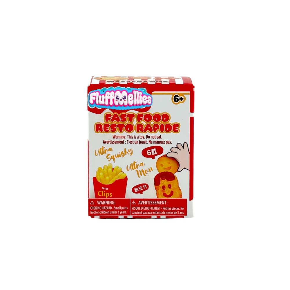 White background e-commerce product shot of sealed Fluffmellies Fast Food Mystery blind box, fast food themed random slow rebound scented squishy fidget squeeze toy packaging