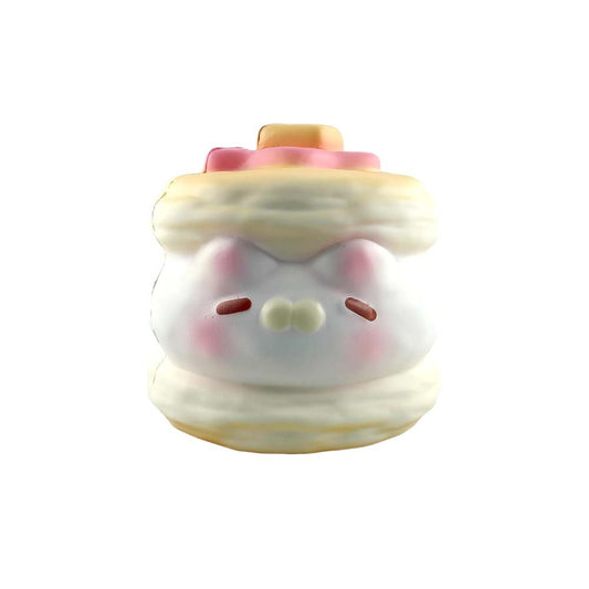 White background e-commerce product shot of Fluffmellies Puffy Pancakes squishy toy sealed transparent PET box, stacked pancake slow rebound scented stress relief squeeze fidget toy
