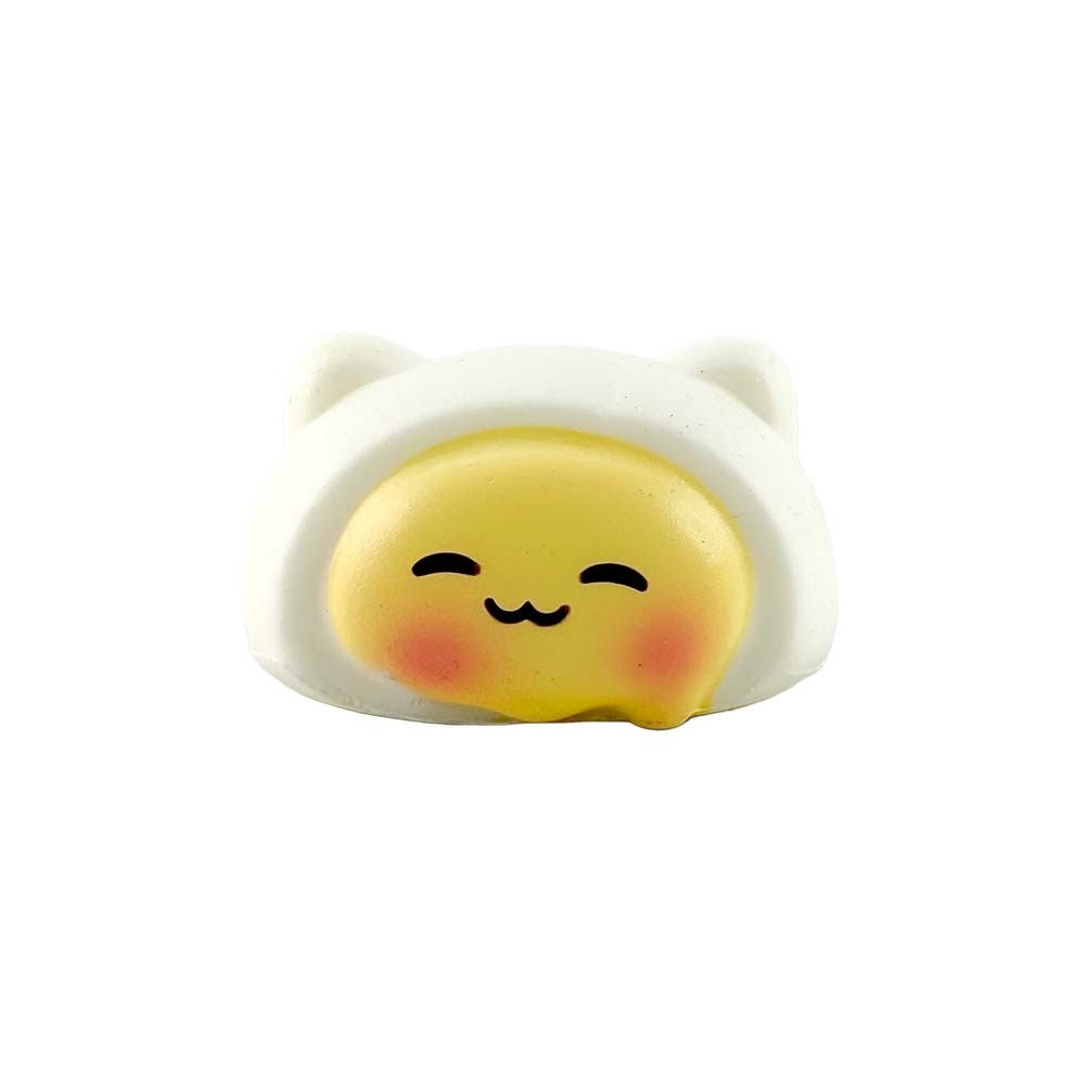 White background e-commerce product shot of Fluffmellies Sweet Yolk Bun squishy toy sealed transparent PET box, cute custard yolk bun slow rebound scented stress relief squeeze toy