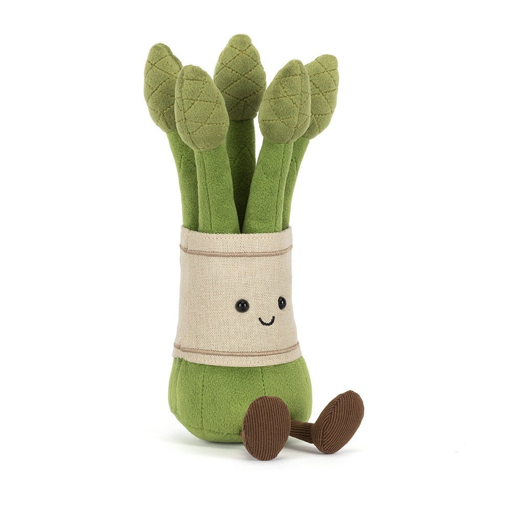 Jellycat Amuseables Asparagus stuffed doll with five quilted green spears, linen wrap band and brown corduroy feet