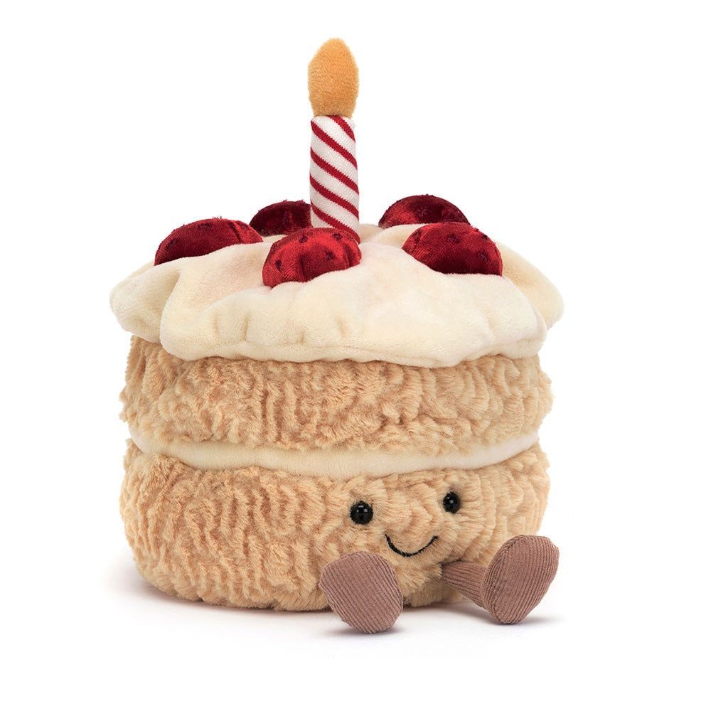 Jellycat Amuseables Birthday Cake plush stuffed doll, mini fluffy cake with fabric strawberry and striped candle, kawaii party celebration collectible soft toy
