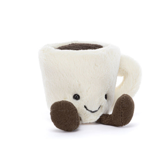 Jellycat Amuseables Espresso Cup mini stuffed plush, tiny creamy espresso cup doll with brown corduroy feet, pocket-sized breakfast series collectible soft toy