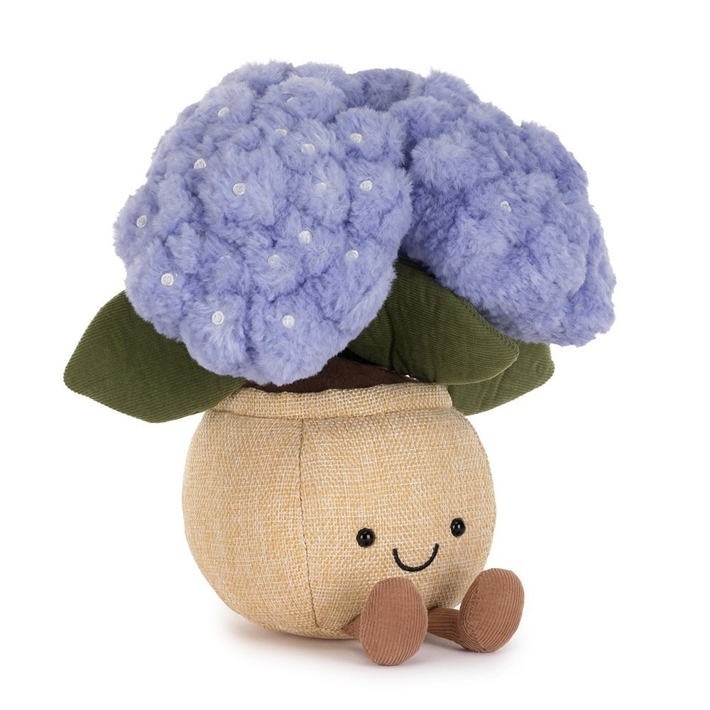 Jellycat Amuseables Hydrangea plush toy, fluffy purple hydrangea flower in woven linen pot with smiley face