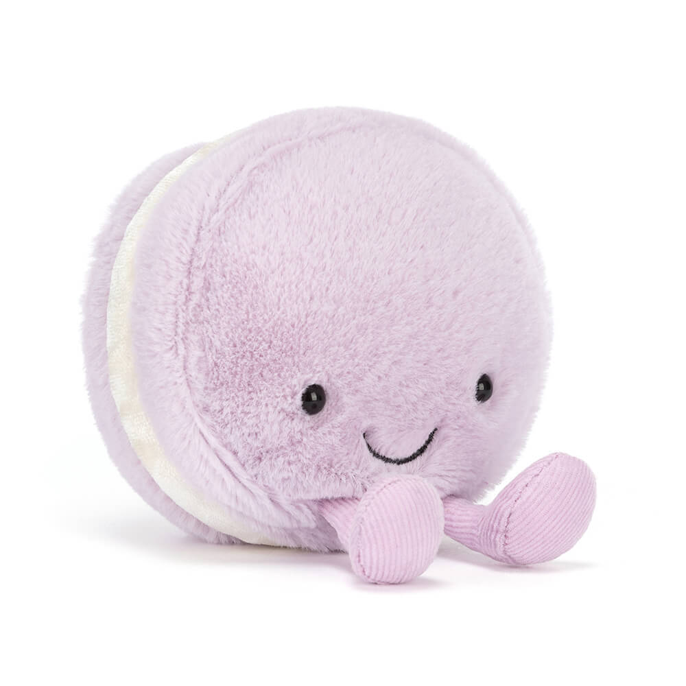 Jellycat Amuseables May Macaron Lavender soft stuffed plush doll, tiny pastel purple macaron with corduroy feet, romantic French patisserie palm-sized collectible toy