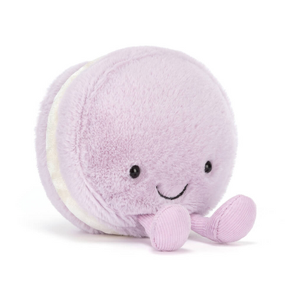 Jellycat Amuseables May Macaron Lavender soft stuffed plush doll, tiny pastel purple macaron with corduroy feet, romantic French patisserie palm-sized collectible toy