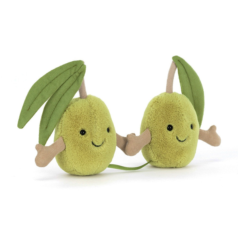 Jellycat Amuseables Pair of Olives connected dual olive stuffed plush dolls, green olive BFF magician duo soft collectible toy with corduroy tiny legs