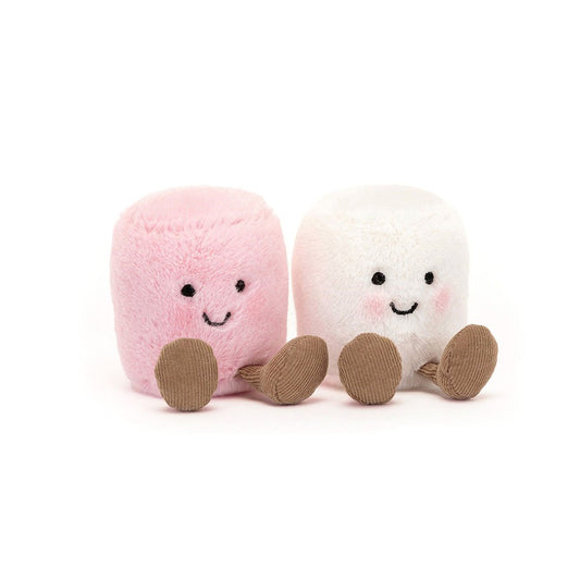 Jellycat Amuseables Pink and White Marshmallows connected pair plush dolls, fluffy pink-white confectionery twin stuffed toys with rosy cheeks and corduroy feet