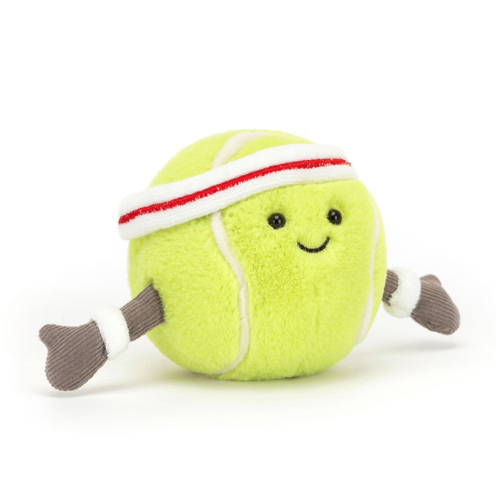 Jellycat Amuseables Sports Tennis Ball round bright yellow tennis stuffed doll, sport plush with red-white headband and wristbands, tiny corduroy legs sports decor toy