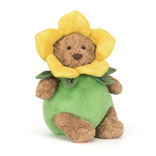 Jellycat Bartholomew Bear Daffodil Outfit soft plush bear, limited spring edition with removable sunny daffodil costume, weighted cuddly stuffed collectible toy