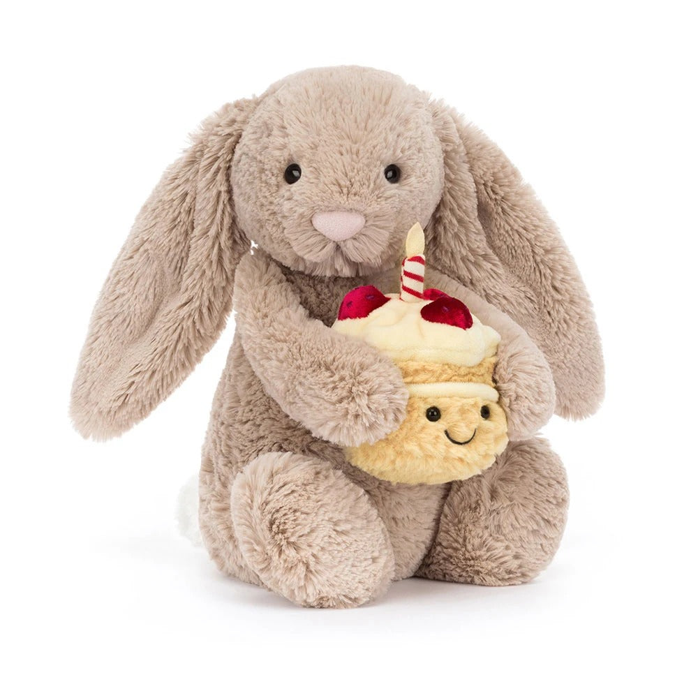 Jellycat Bashful Beige Birthday Bunny plush, soft beige bunny with birthday hat and present