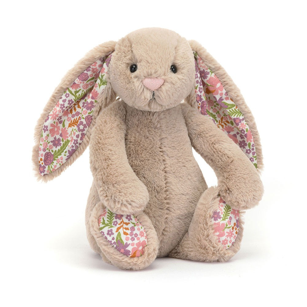 Jellycat Blossom Beige Bunny Petal beige floppy ear bunny stuffed doll, floral printed inner ears and paws, cream fluffy bobtail, bashful garden-themed cuddle plush toy