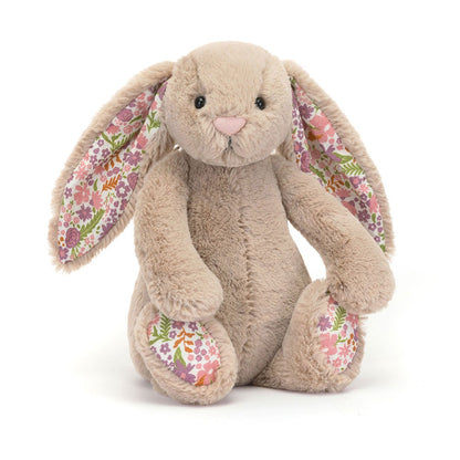 Jellycat Blossom Beige Bunny Petal beige floppy ear bunny stuffed doll, floral printed inner ears and paws, cream fluffy bobtail, bashful garden-themed cuddle plush toy