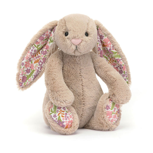 Jellycat Blossom Beige Bunny Petal beige floppy ear bunny stuffed doll, floral printed inner ears and paws, cream fluffy bobtail, bashful garden-themed cuddle plush toy